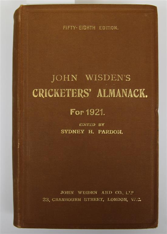 A Wisden Cricketers Almanack for 1921, with original brown hardback binding and gilt lettering